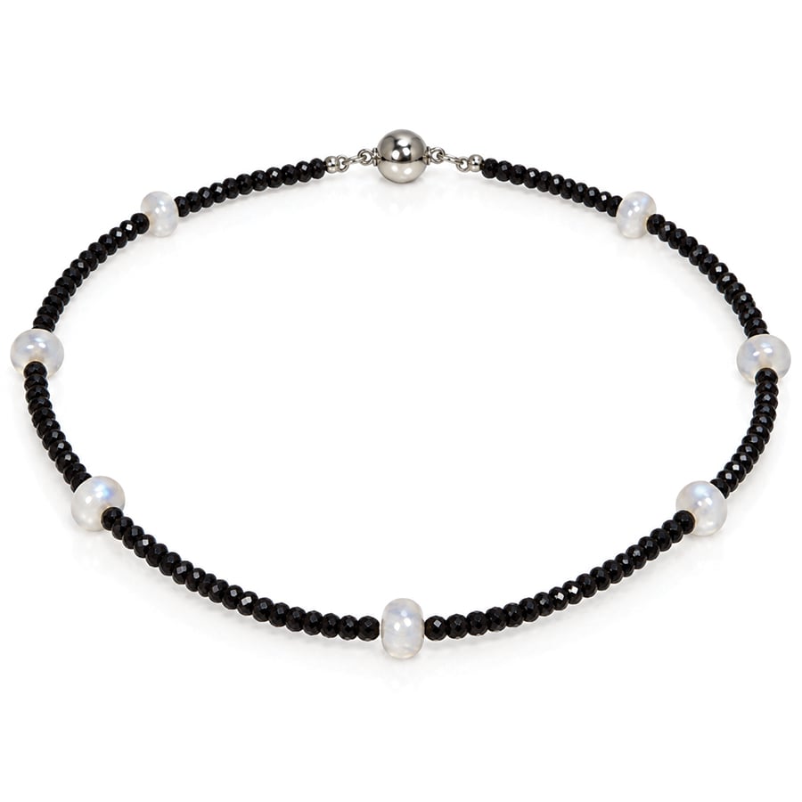Necklace of faceted black spinel with sooth moonstone beads David Ashton