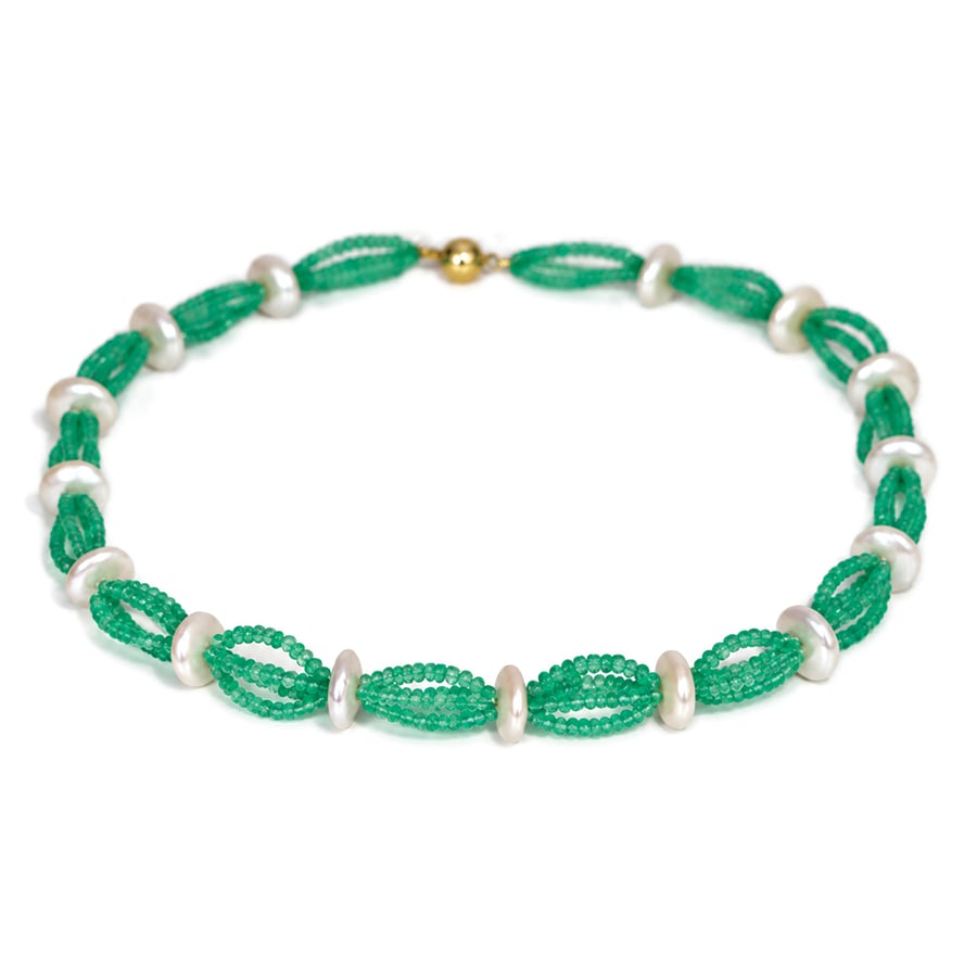 Bunches of fine quality emerald beads spaced between white pearls necklace David Ashton jewellery
