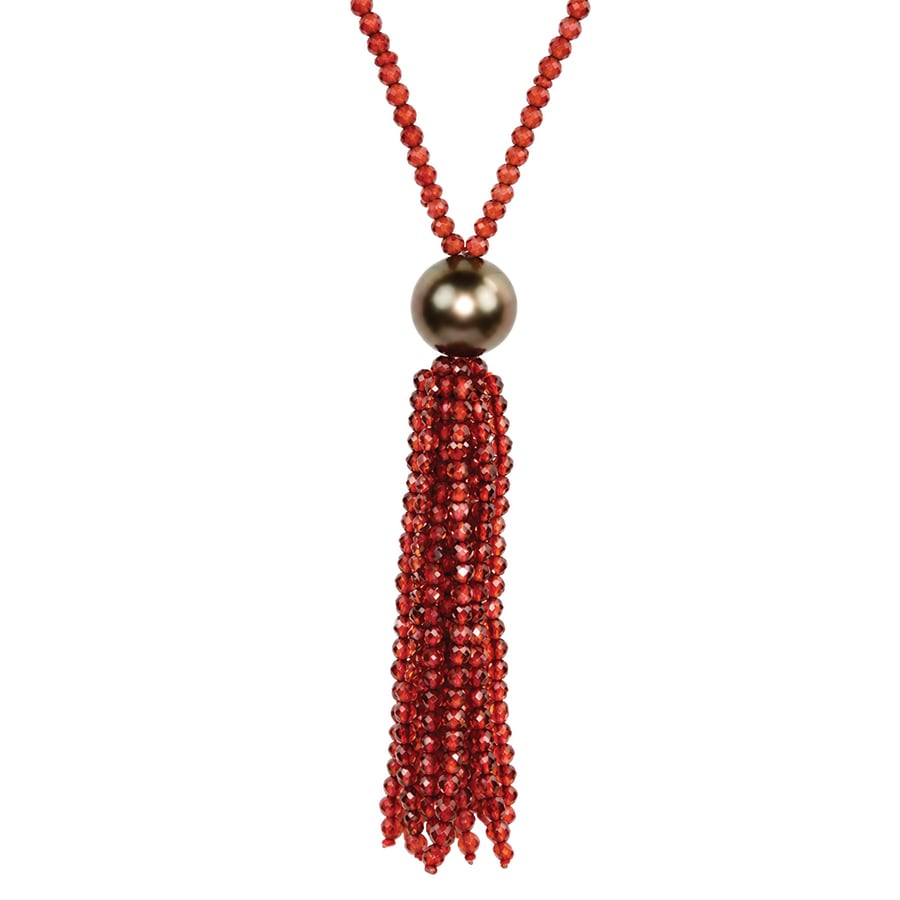 Garnet tassel necklace with Tahitian pearl knot David Ashton jewellery