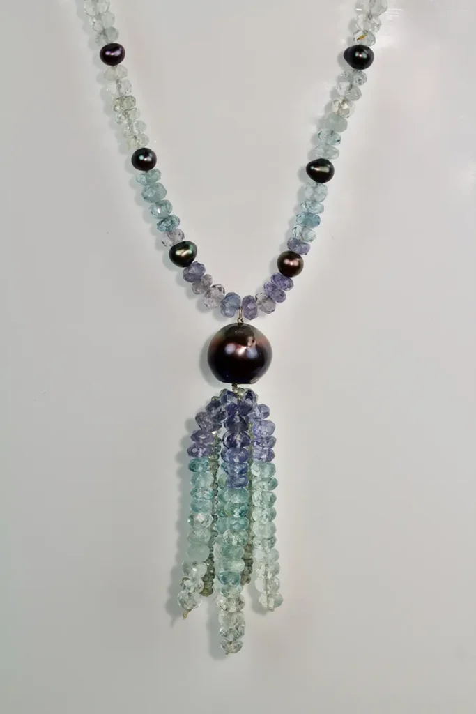 Shades of lilac and pale turquoise tanzanite, aquamarine & sapphire necklace with pearls David Ashton Jewellery