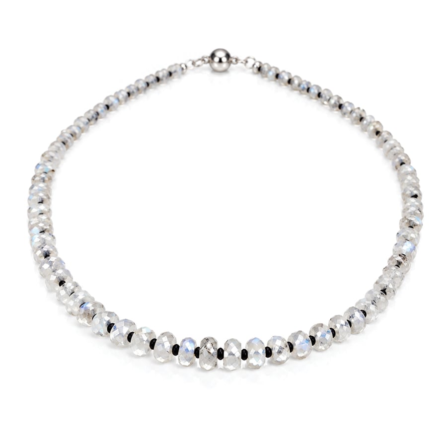 Fine quality faceted moonstone beads, alternating with faceted black spinel necklace David Ashton jewellery