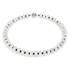 Round smooth moonstone alternating with smaller black faceted spinel necklace David Ashton Jewellery