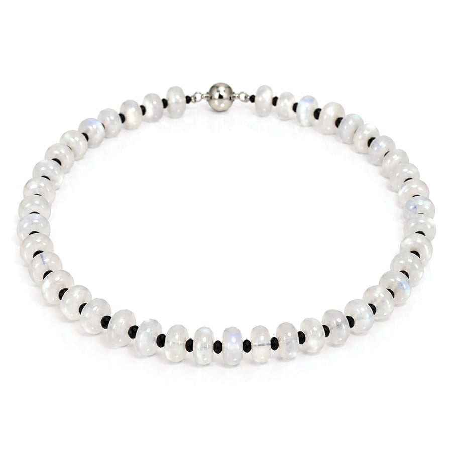 Round smooth moonstone alternating with smaller black faceted spinel necklace David Ashton Jewellery