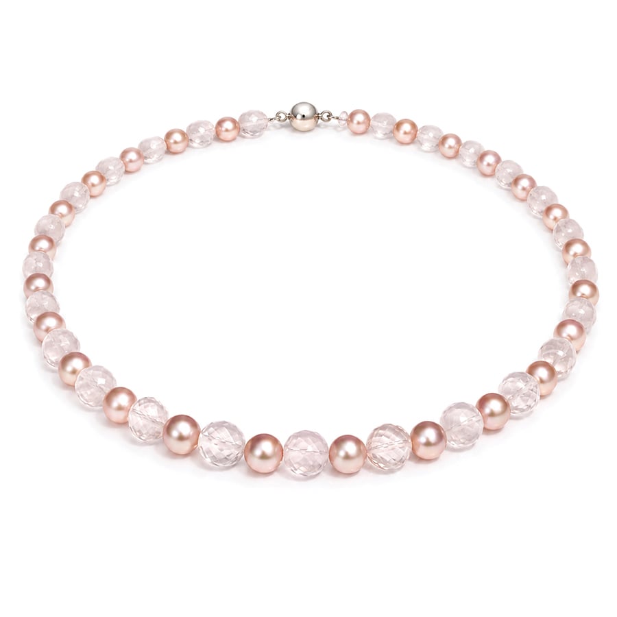 Round pink pearls alternating with faceted round rose quartz bead necklace David Ashton jewellery