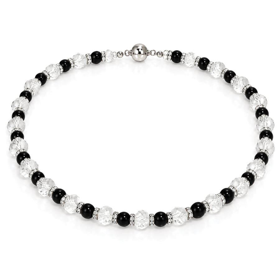 Smooth black onyx faceted clear quartz and sterling silver necklace David Ashton