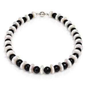 Art deco stye black spinel and white pear necklace. Can be made in any length and stone combination to comission