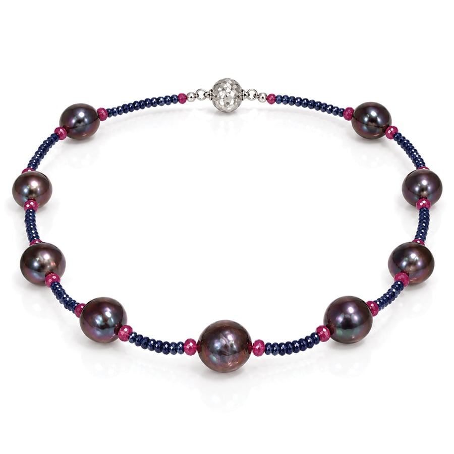 Blue sapphire, pink tourmaline and pearl necklace. Can be made in any length and combination of natural gemstones