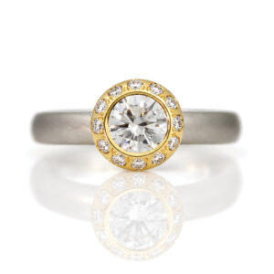 modern rubover halo diamond engagement ring