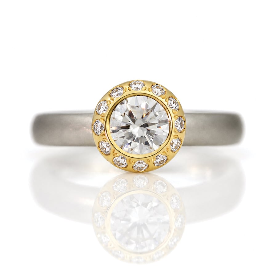 modern rubover halo diamond engagement ring