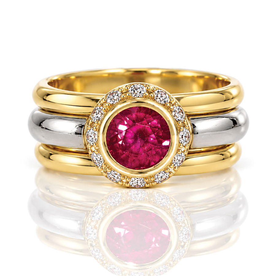 Finest quality natural ruby, framed with diamonds, set in 18ct god and Platinum triple ring David Ashton 1020.