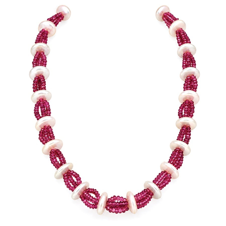 Faceted pink tourmaline and pearl modern necklace
