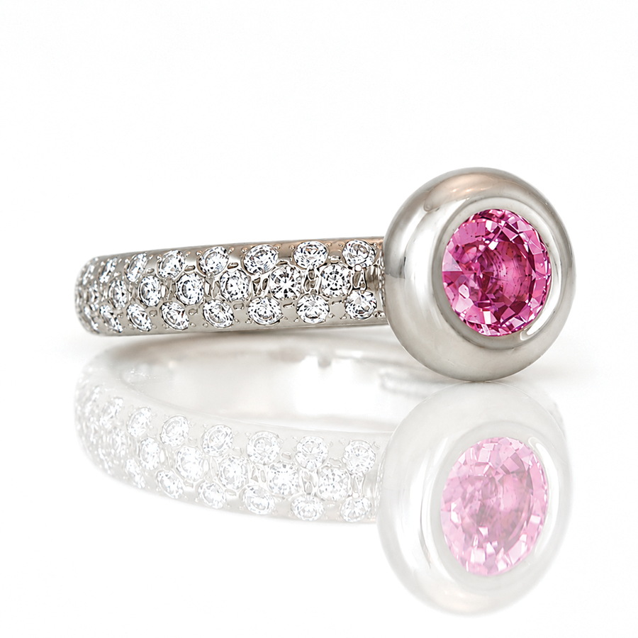 Bright pink natural sapphire modern engagement ring David Ashton 1005. Modern fine jewellery handmade in London bespoke