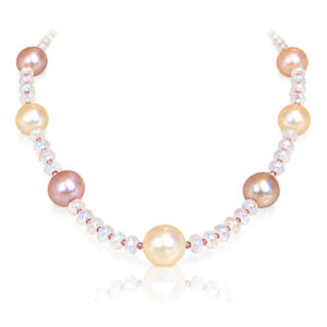 Pastel natural colour pearl spaced evenly on a string of pink sapphires alternating with fine quality moonstone bead necklace