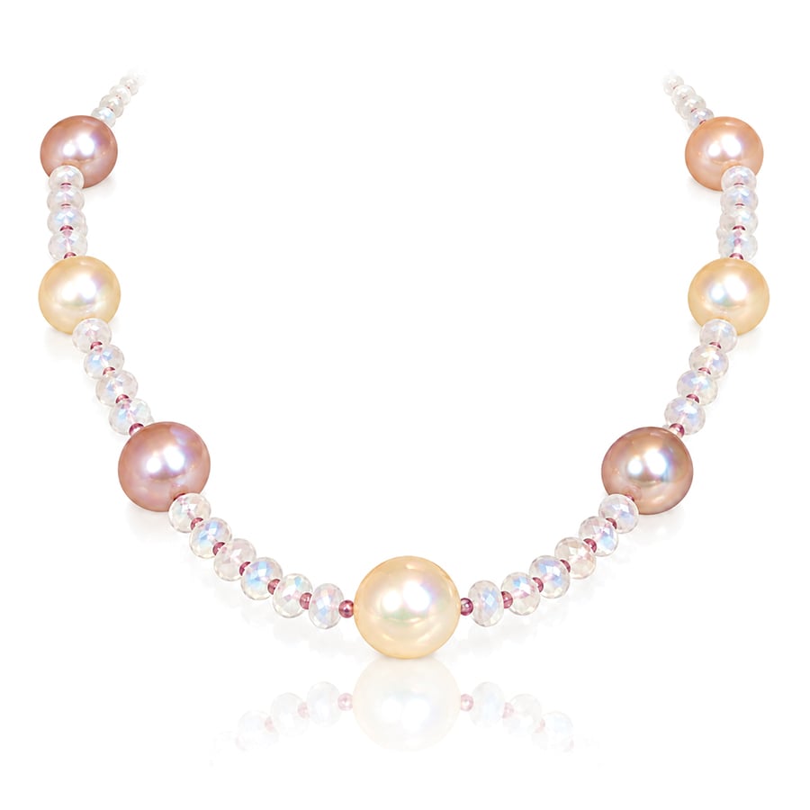 Pastel natural colour pearl spaced evenly on a string of pink sapphires alternating with fine quality moonstone bead necklace