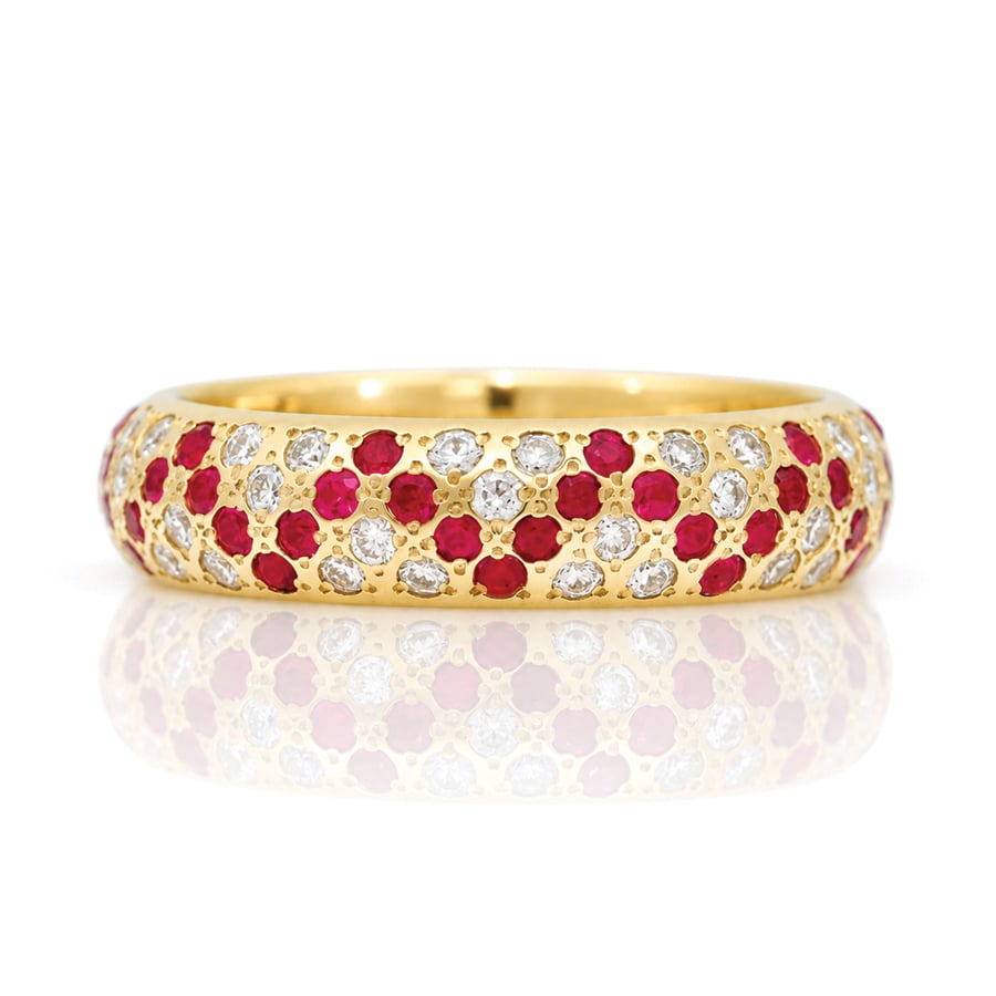 Modern flush set natural ruby and natural diamond yellow gold ring David Ashton 0891