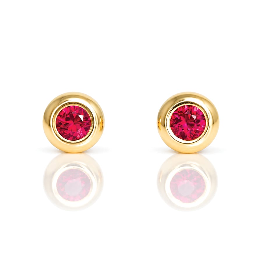 Perfect ruby ear studs 18ct gold. bespoke fine modern jewellery handmade in London