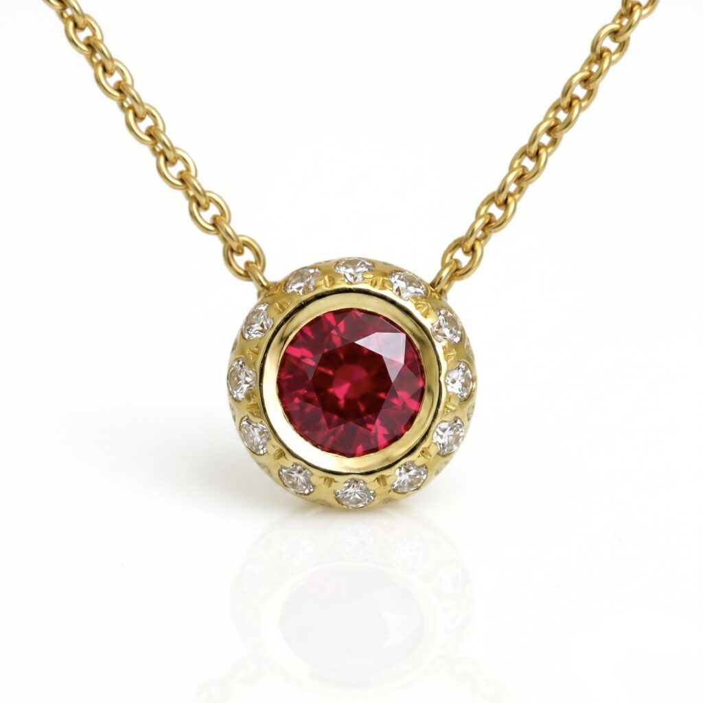 modern ruby necklace with diamond halo