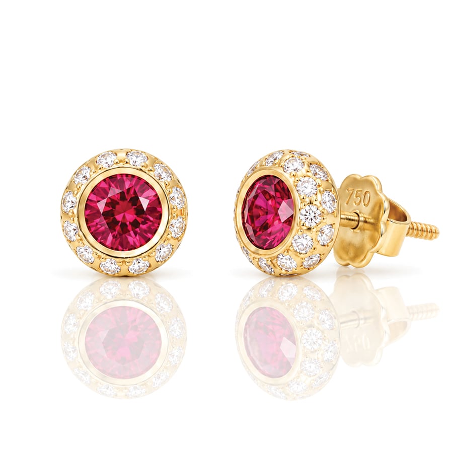 Modern natural ruby and diamond earstuds handmade in London