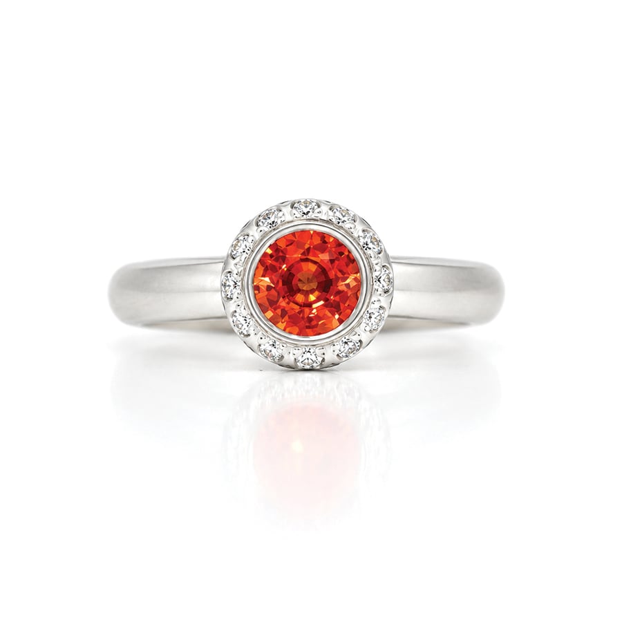 Orange sapphire halo ring