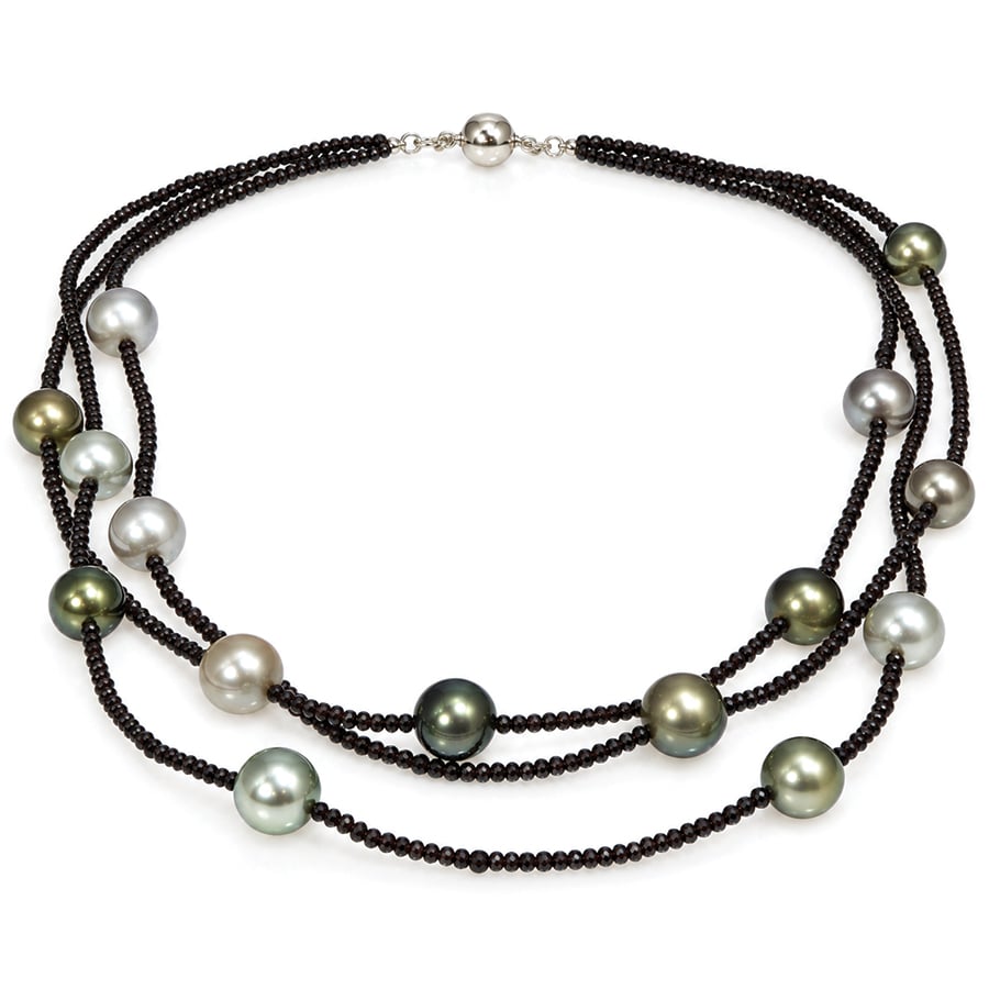 Three strings of faceted black spinel, with randomly spaced Tahitian pearl necklace