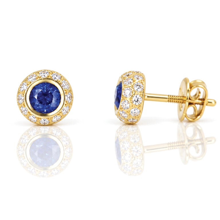 Perfect blue sapphire with diamond halo ear-studs