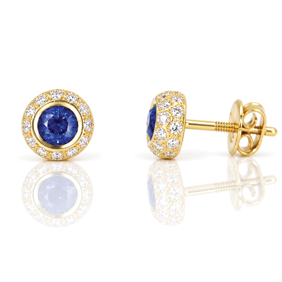 Perfect blue sapphire with diamond halo ear-studs