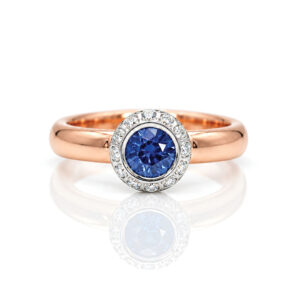 Blue Sapphire & Diamond Halo Ring in Rose Gold | Handmade in London 1069
