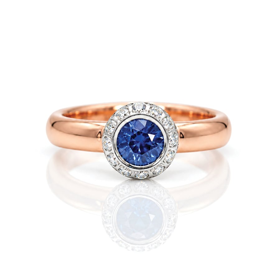 Blue Sapphire & Diamond Halo Ring in Rose Gold | Handmade in London 1069