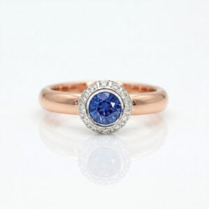 Blue Sapphire & Diamond Halo Ring in Rose Gold | Handmade in London 1069