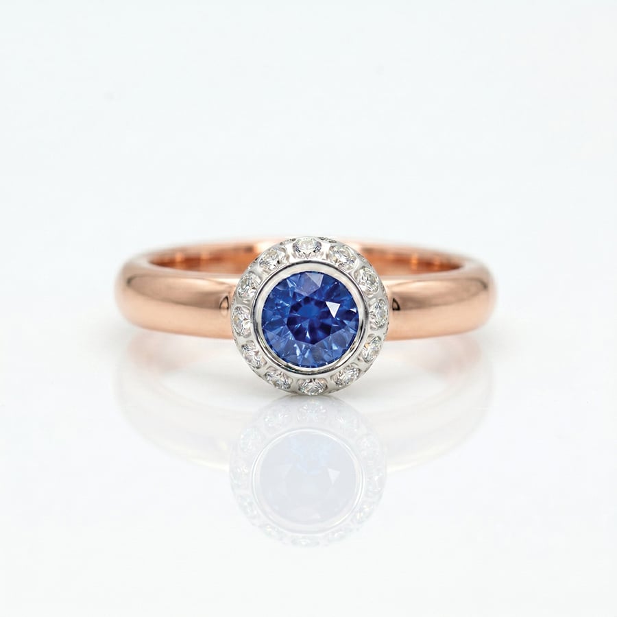 Blue Sapphire & Diamond Halo Ring in Rose Gold | Handmade in London 1069