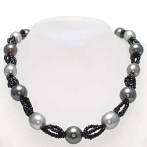 Tahitian pearl grey and black with black spinel necklace. 9176