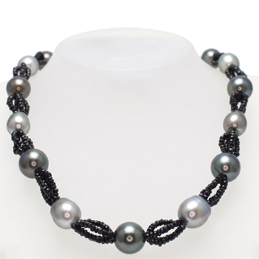 Tahitian pearl grey and black with black spinel necklace. 9176