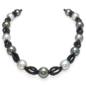 Tahitian pearl grey and black with black spinel necklace. 9176