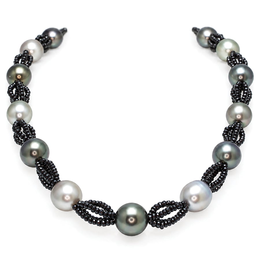 Tahitian pearl grey and black with black spinel necklace. 9176
