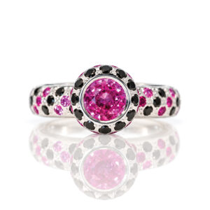 Chunky pink sapphire and black diamond ring
