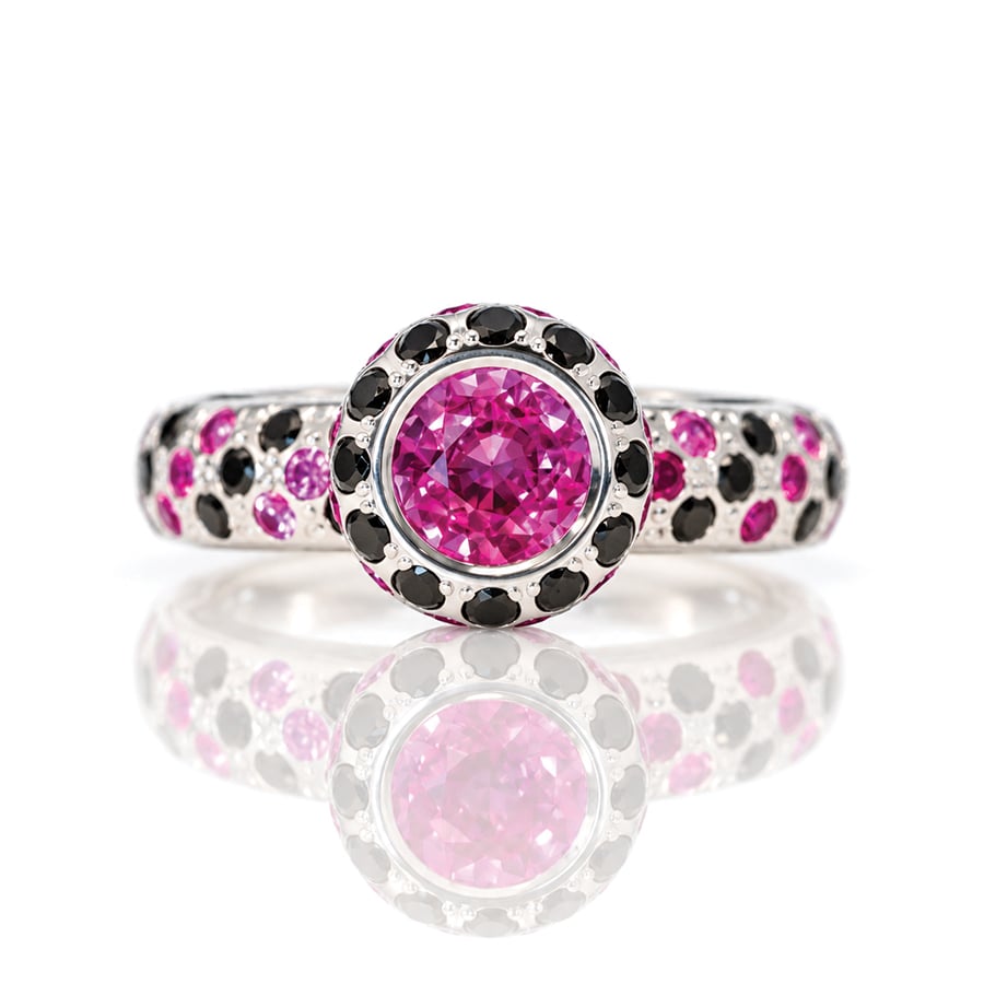 Chunky pink sapphire and black diamond ring