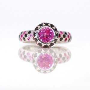 Chunky pink sapphire and black diamond ring