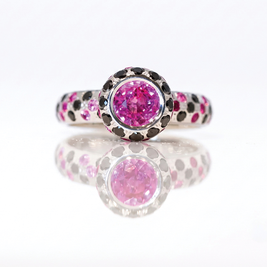 Chunky pink sapphire and black diamond ring