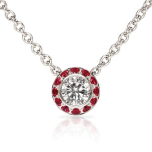 Natural diamond set in Platinum with ruby necklace. Modern fine jewellery handmade in London bespoke