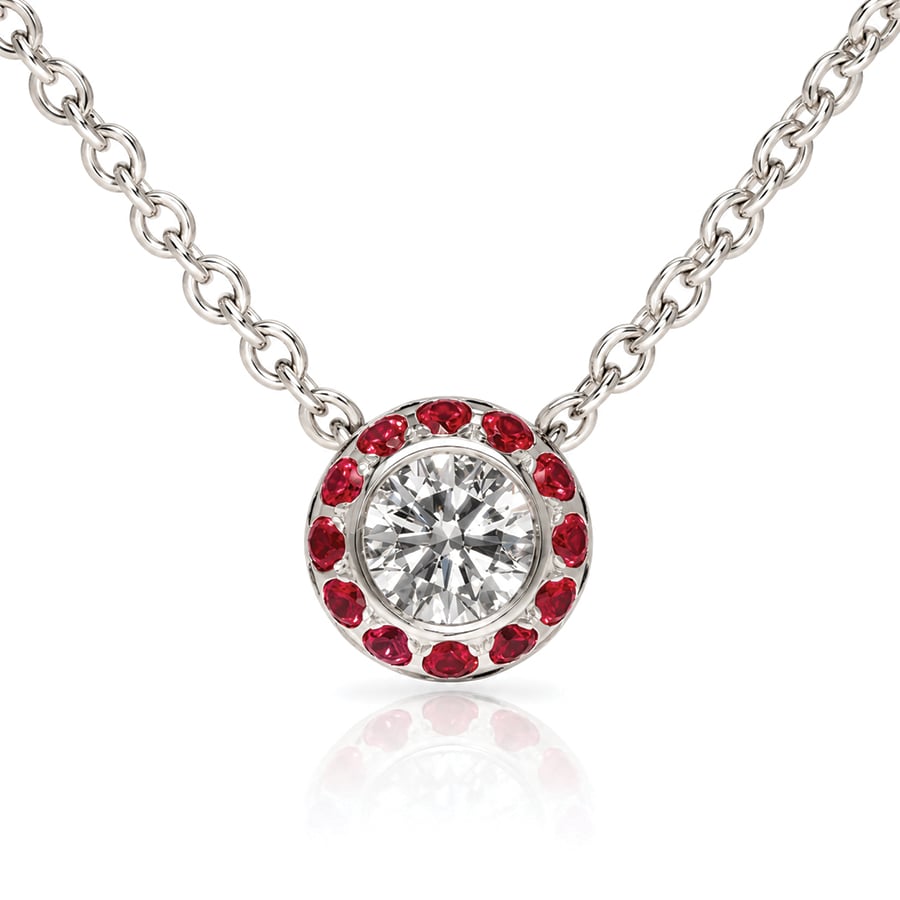 Natural diamond set in Platinum with ruby necklace. Modern fine jewellery handmade in London bespoke