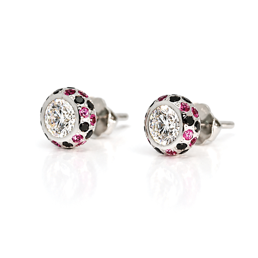 Natural diamond with pink sapphire and black diamond earstuds