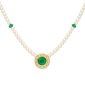 Rub-over set emerald with diamond halo necklace David Ashton contemporary fine jewellery handmade in London