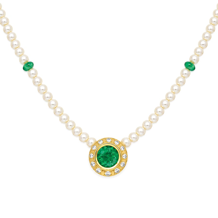 Rub-over set emerald with diamond halo necklace David Ashton contemporary fine jewellery handmade in London