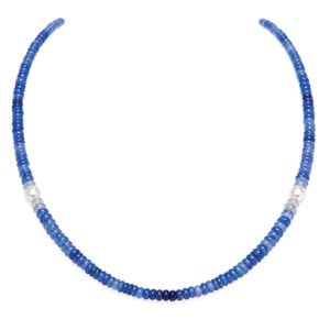 Graduated blue, rondell sapphire necklace with Akoya pearl