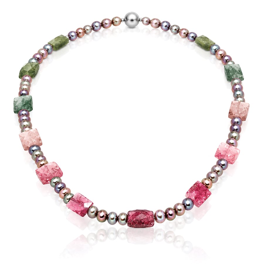 Faceted tourmaline and pearl necklace.handmade in London