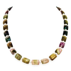 Facted tourmaline pillows and opulent pearl necklace