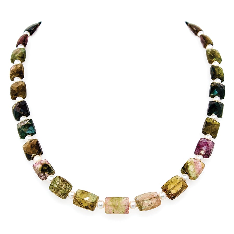Facted tourmaline pillows and opulent pearl necklace