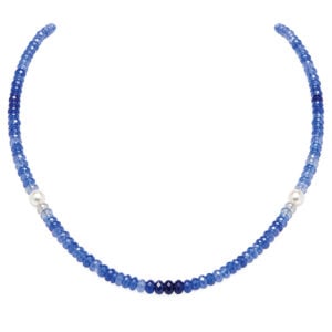 Graduated blue, faceted sapphire necklace with Akoya pearl