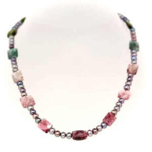 Tourmaline pillow with grey pearl necklace