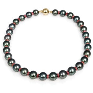 Finest quality A (AAAA) grade tahitain pearl necklace gold and rubies David Ashton